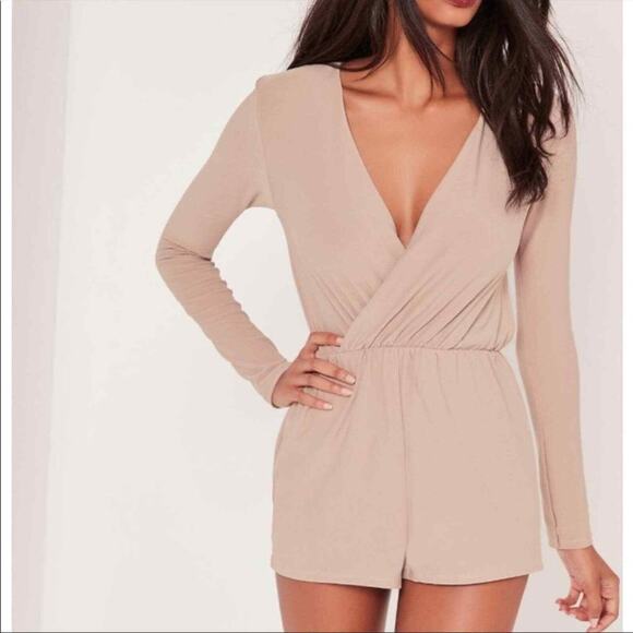 (M5) Missguided Crepe Wrap Women's Romper Size 10 Long Sleeve Short Tan - Picture 1 of 7